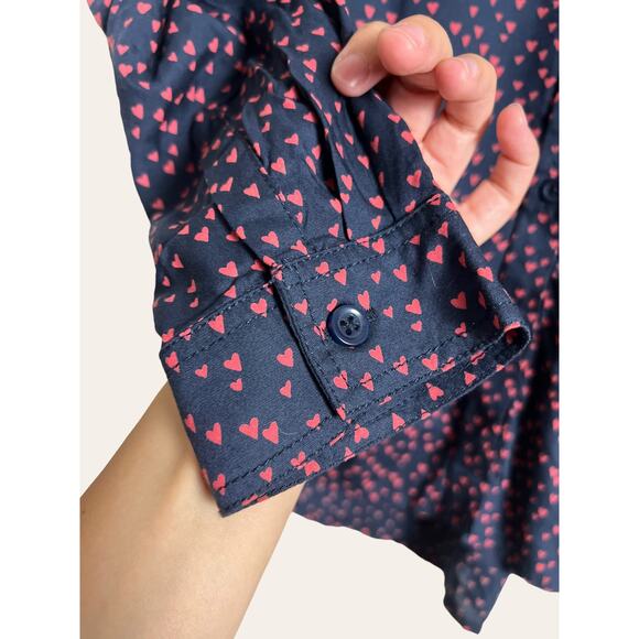 Beach Lunch Lounge Blue Red Heart Print Long Sleeve Viscose Button Up Top Size M - Picture 2 of 5